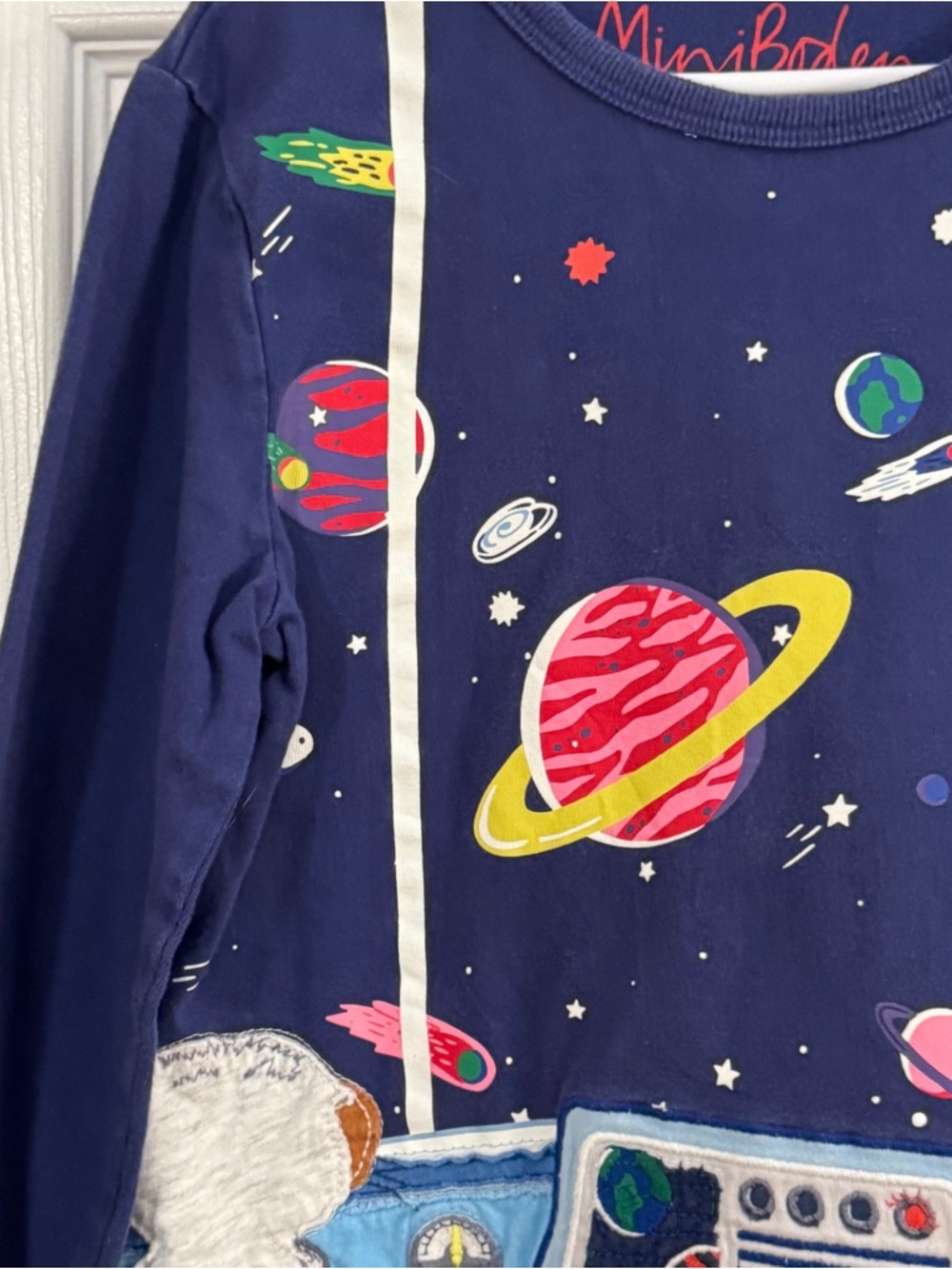 Mini Boden Boy Navy Space Cockpit Appliqué Colorful Planets Print Long Sleeve - Picture 3 of 8